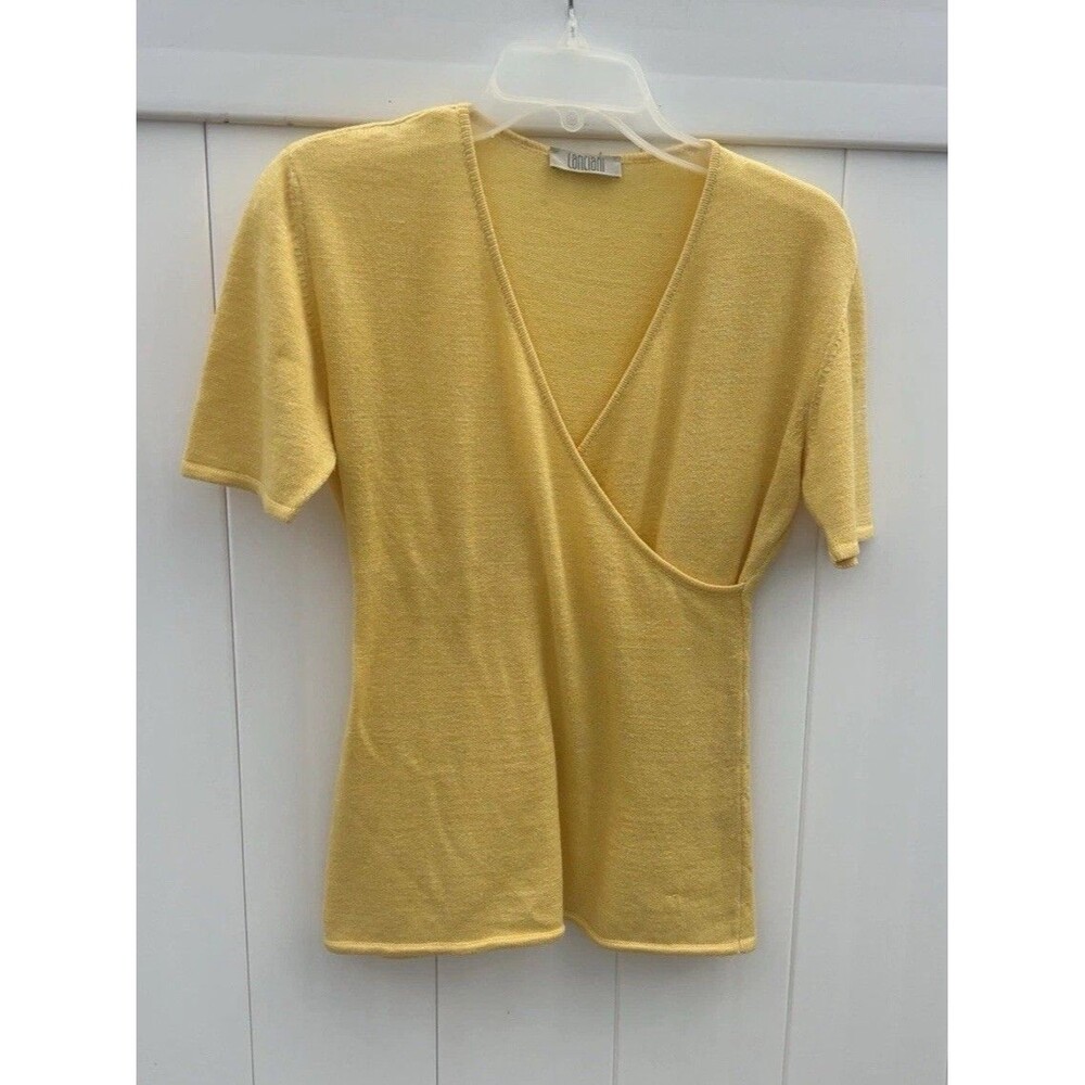 Lanciani Women’s Wrap Front Blouse Yellow Knit Short Sleeve Made In Italy Sz Med